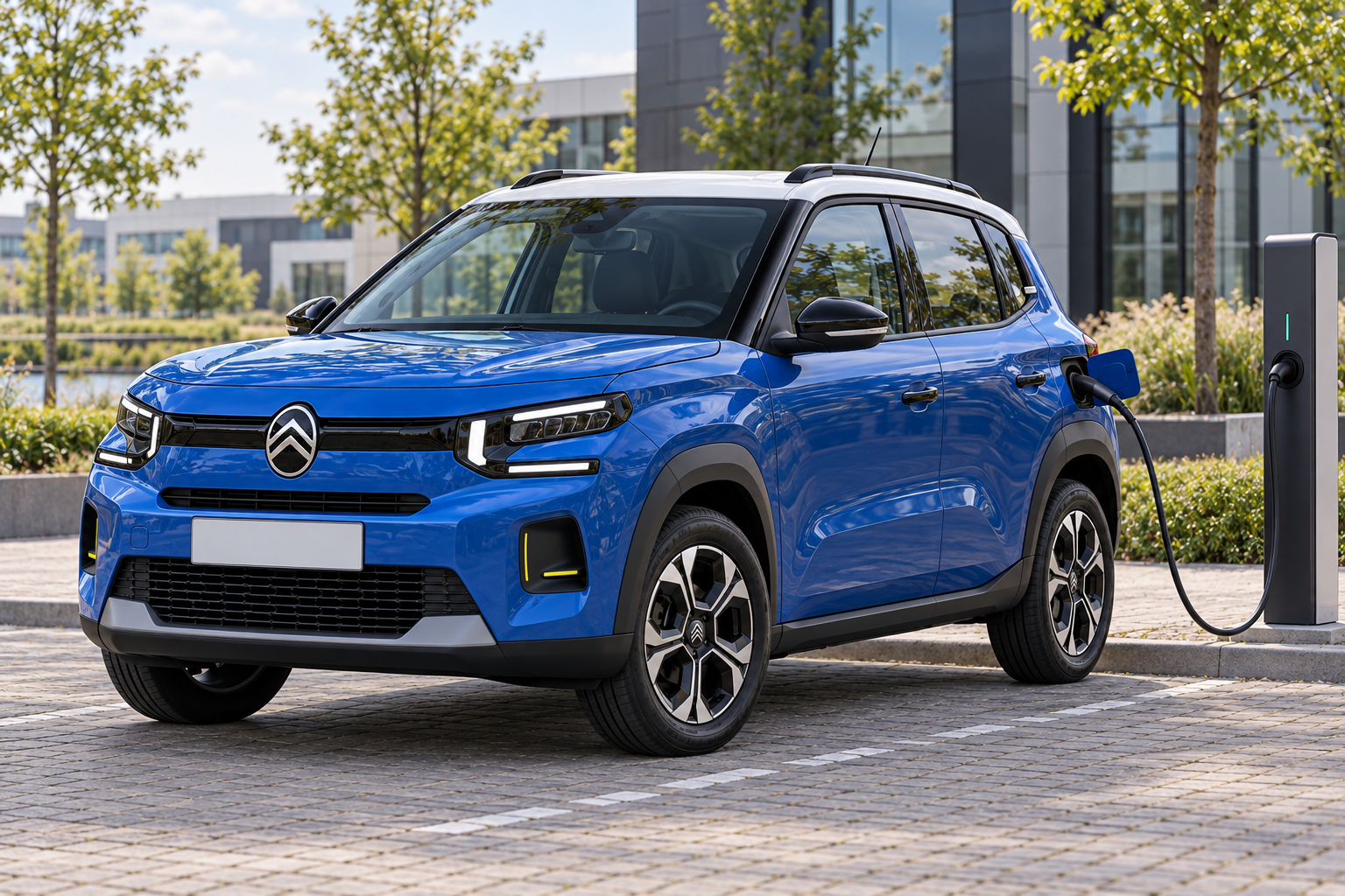 Blauwe Citro&euml;n &euml;-C3 met wit dak bij een laadpaal, van voren met laadkabel aan de linkerzijde