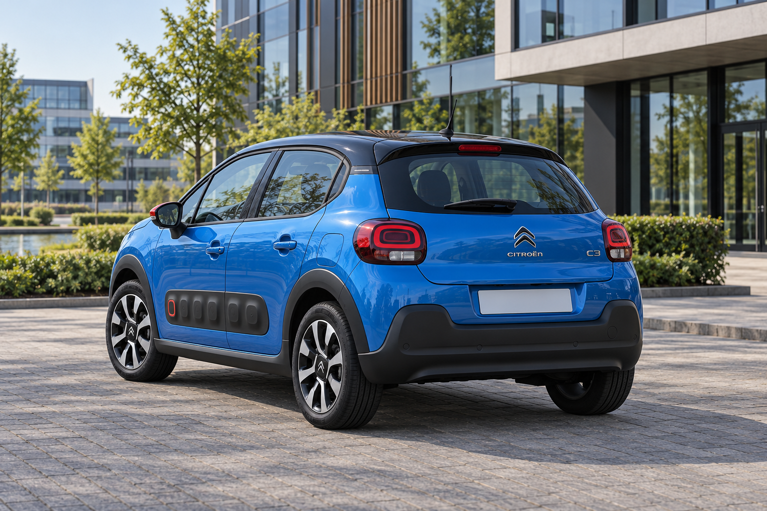 Blauwe oudere Citro&euml;n C3 met Airbumps van achteren bij een bedrijfspand