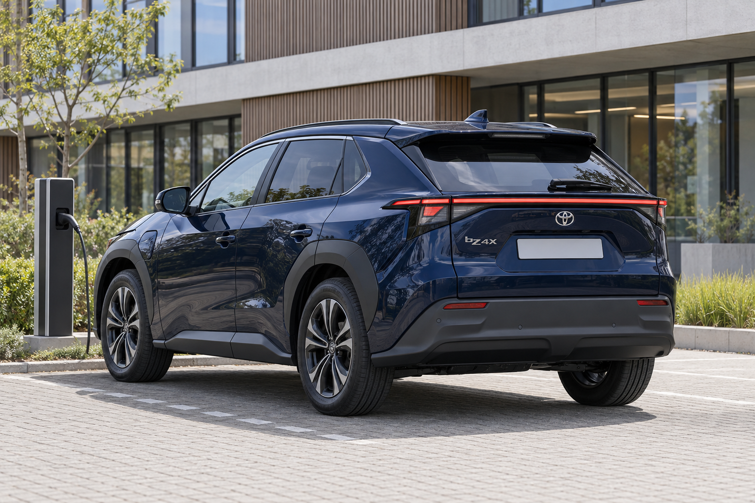 Gewone Toyota bZ4X van achteren bij een laadpunt, ter vergelijking met de Touring