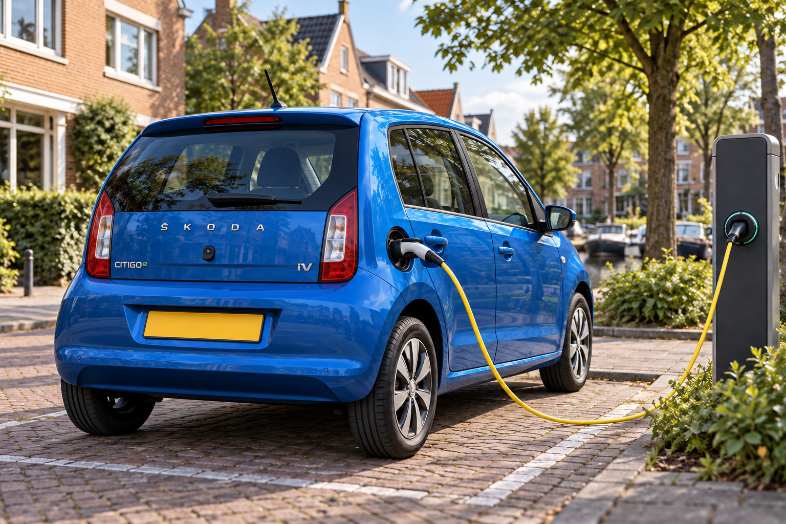 Blauwe vijfdeurs &Scaron;koda CITIGOe iV met laadkabel aan de rechter achterzijde