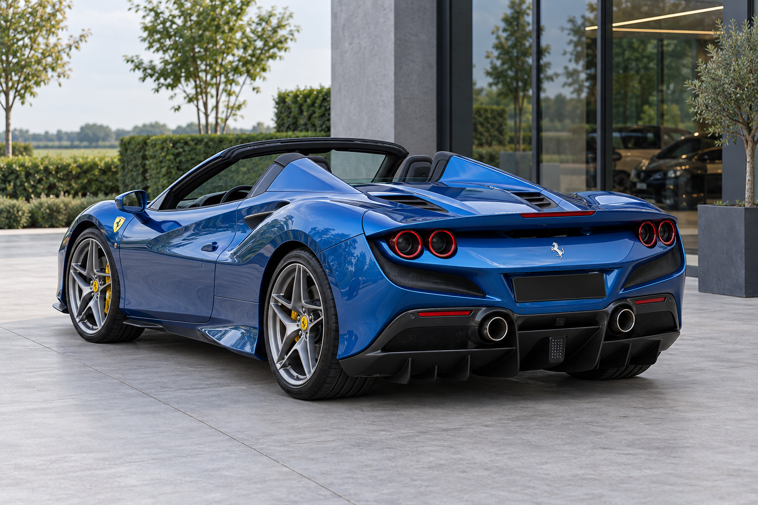 Blauwe Ferrari F8 Spider met open dak, schuin van achteren