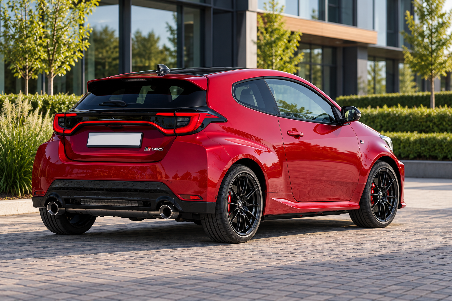 Driedeurs Toyota GR Yaris van achteren met brede wielkasten en twee uitlaten