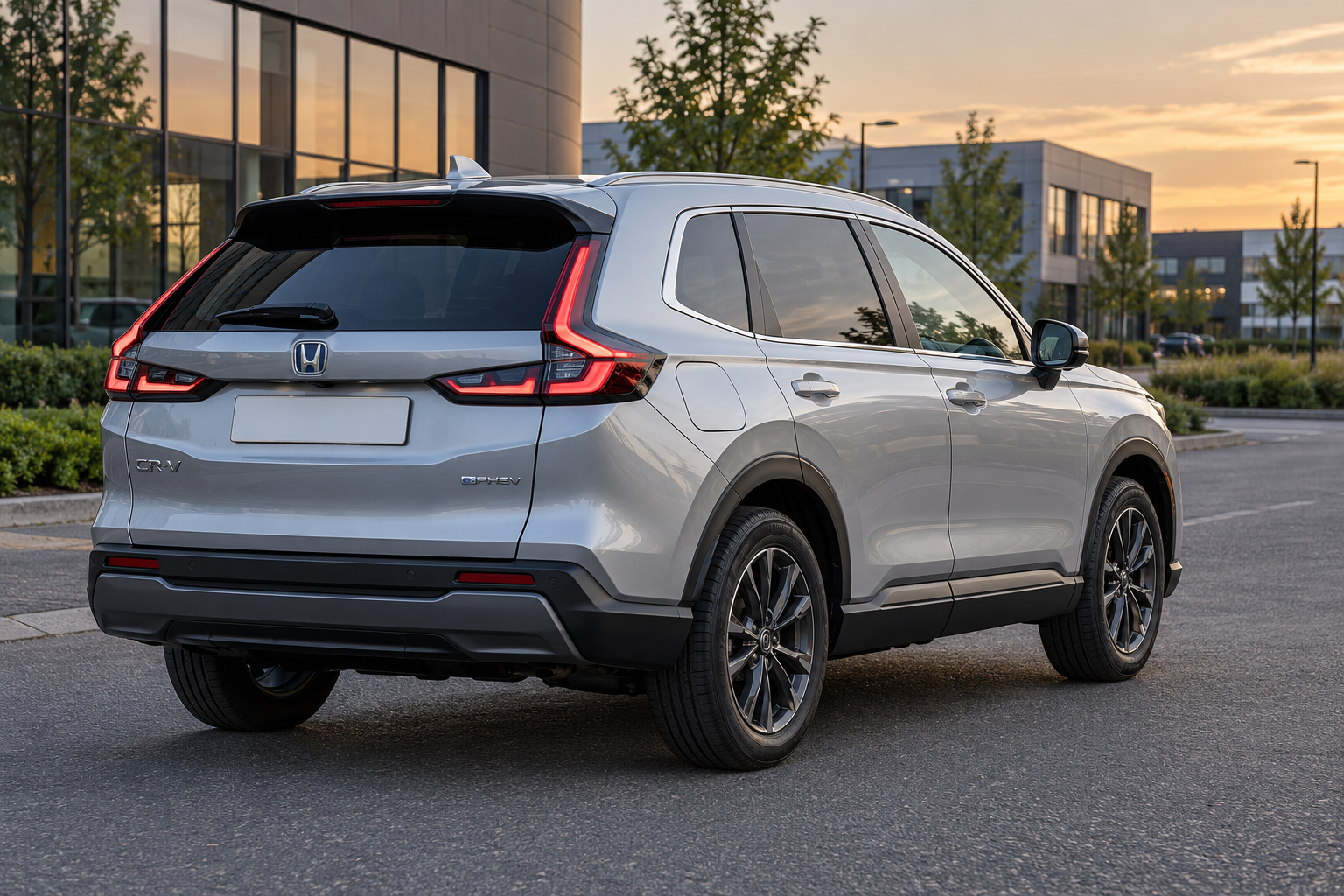 Illustratieve zilveren CR-V e:PHEV van de zesde generatie, schuin van achteren