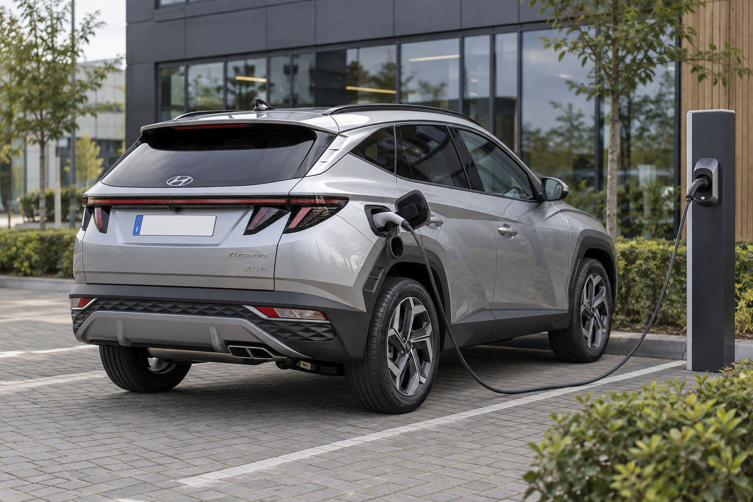 Hyundai Tucson plug-inhybride van de vierde generatie aangesloten op een laadpunt bij een Nederlands kantoor