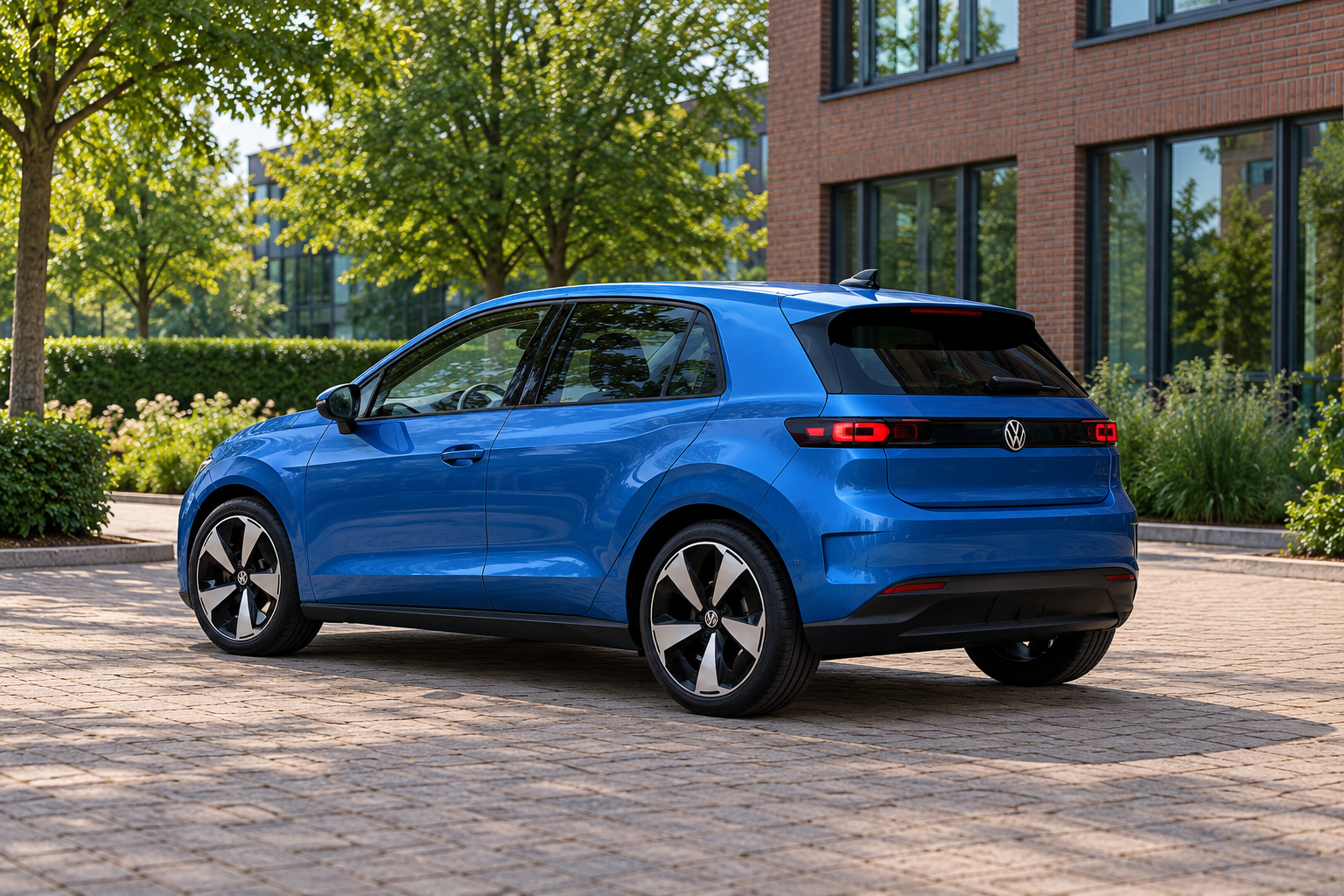 Blauwe gewone Volkswagen ID. Polo ter vergelijking met de afzonderlijke GTI-uitvoering