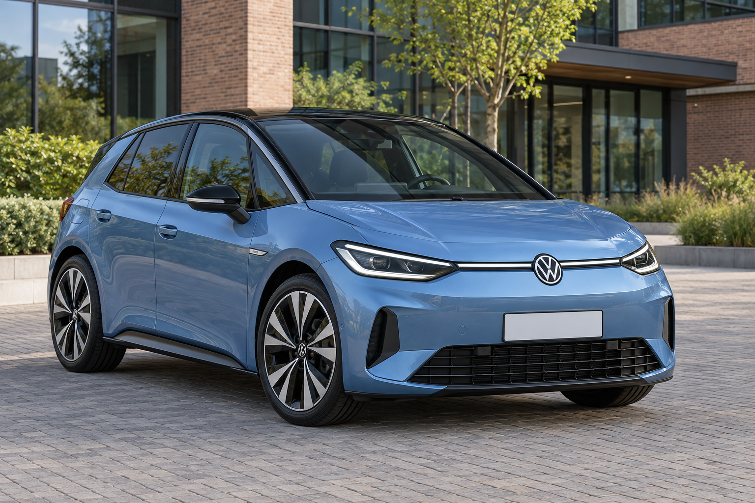 Blauwe Volkswagen ID.3 Neo van voren bij een modern kantoor
