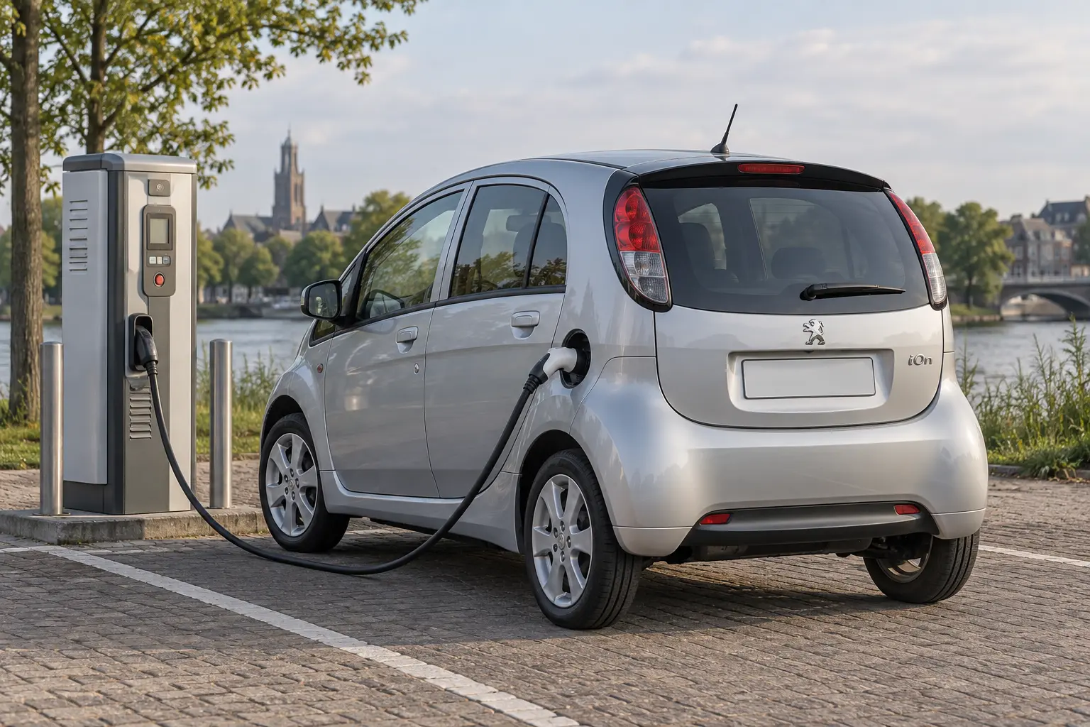 Zilveren Peugeot iOn bij een laadvoorziening, illustratie van een oudere elektrische stadsauto