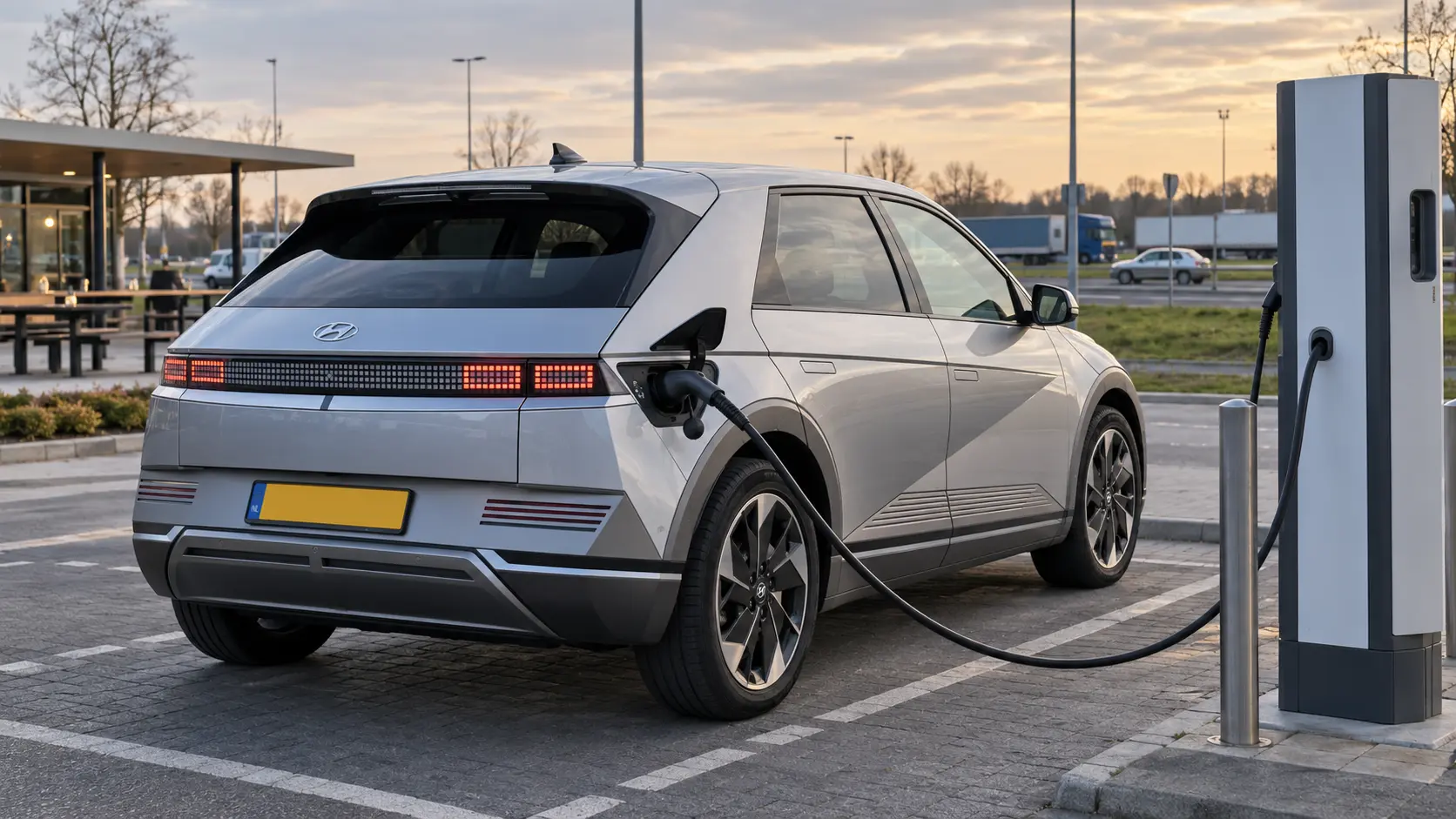Zilveren Hyundai IONIQ 5 bij een snellaadpunt