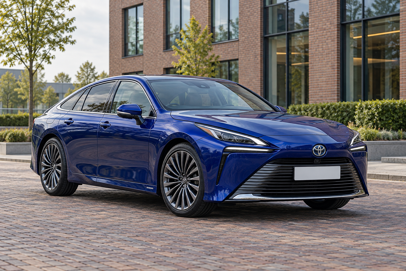 Blauwe Toyota Mirai van de tweede generatie, ter vergelijking met de oudere FCV Executive