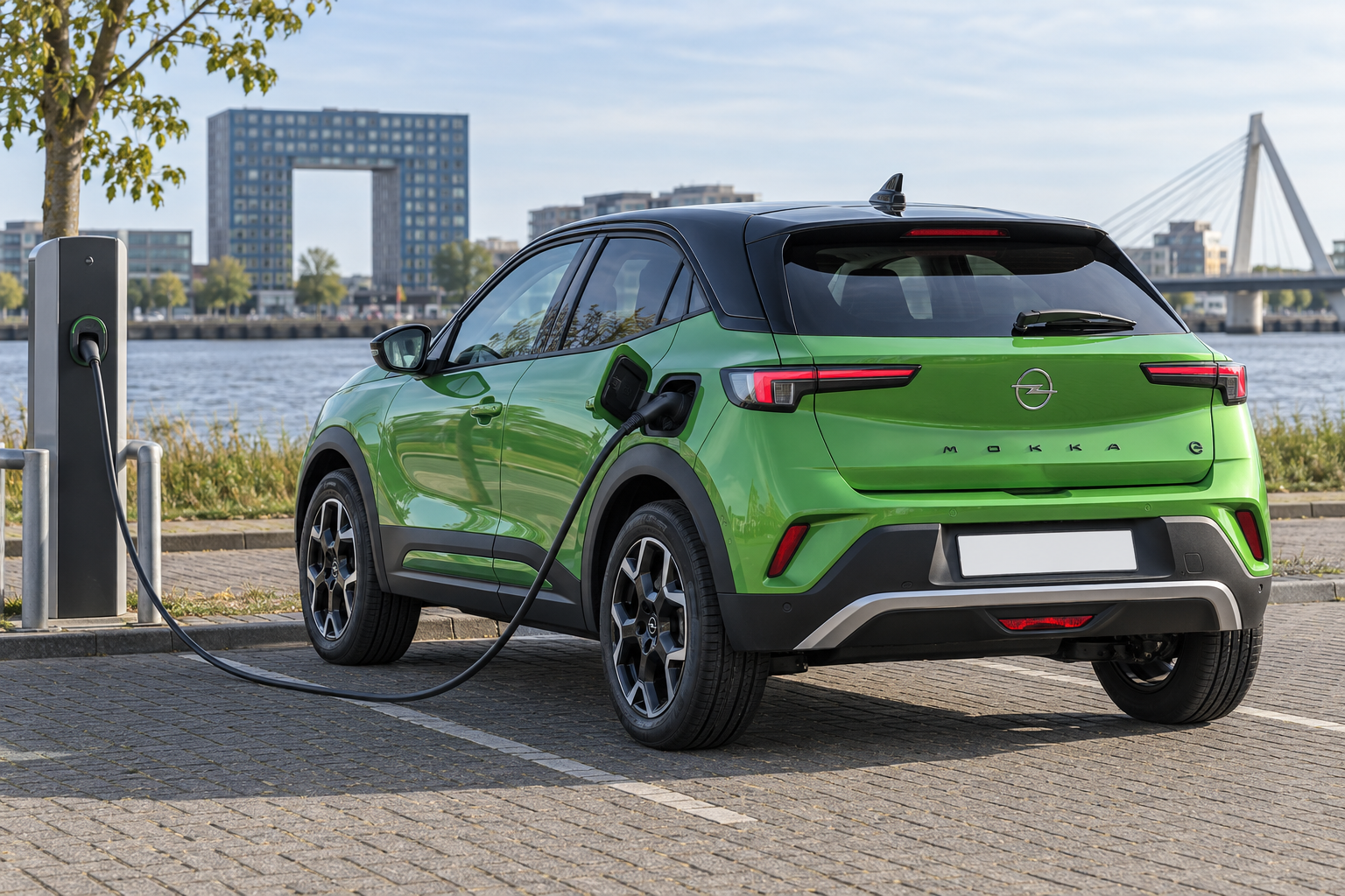Opel Mokka Electric van de nieuwere generatie, schuin van achteren