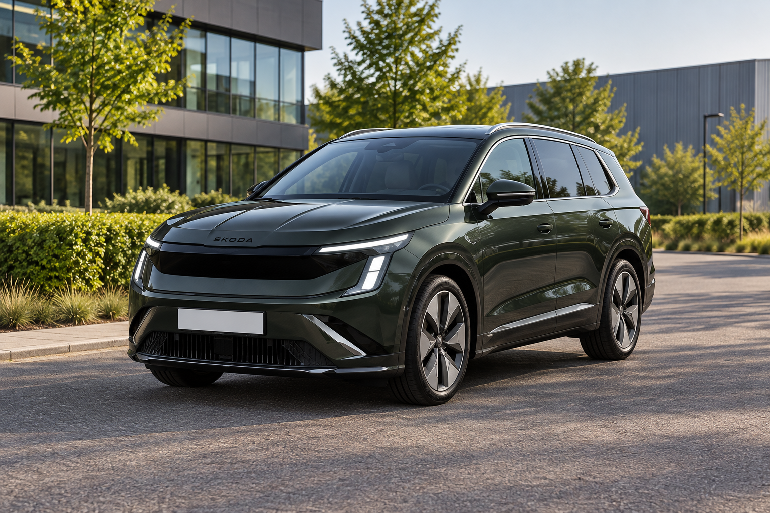 Groene &Scaron;koda Peaq van voren als modelillustratie; variant en laadgegevens worden bij de concrete auto bevestigd