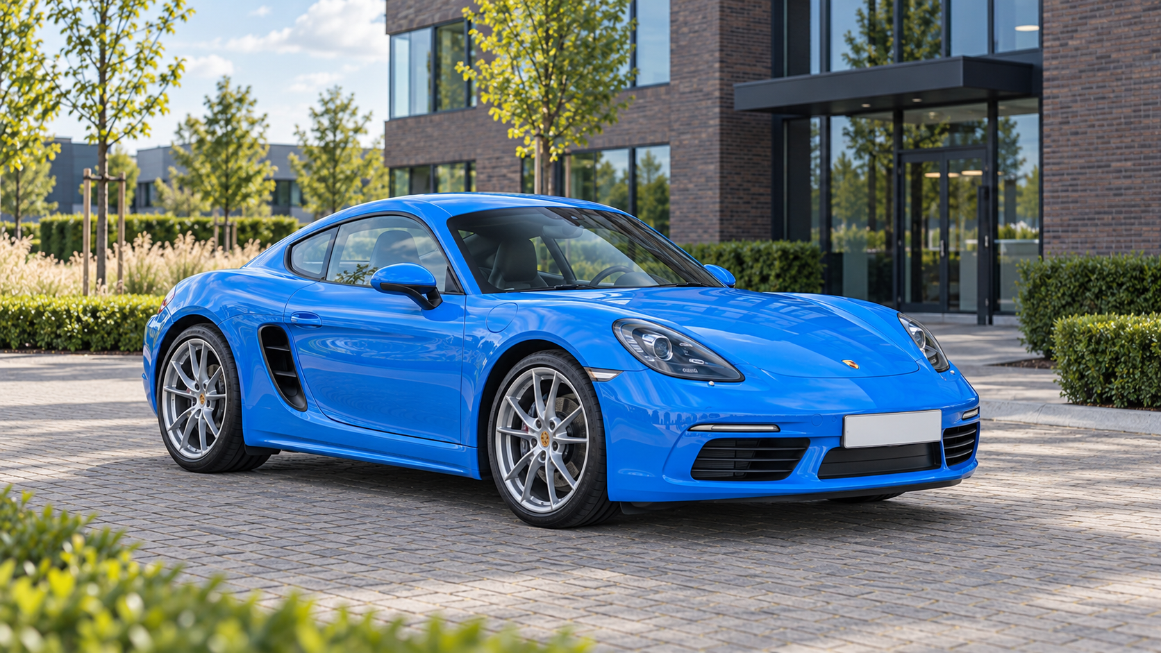 Blauwe Porsche 718 Cayman met viercilinder turbo van linksvoor op een bedrijvenpark
