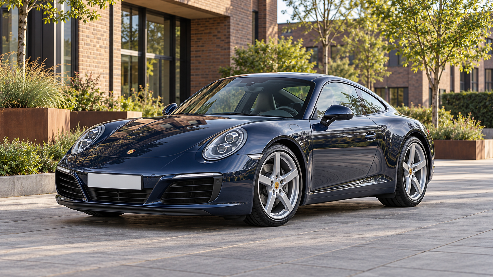 Donkerblauwe Porsche 911 Carrera 991.2 Coup&eacute; bij een modern bedrijfspand