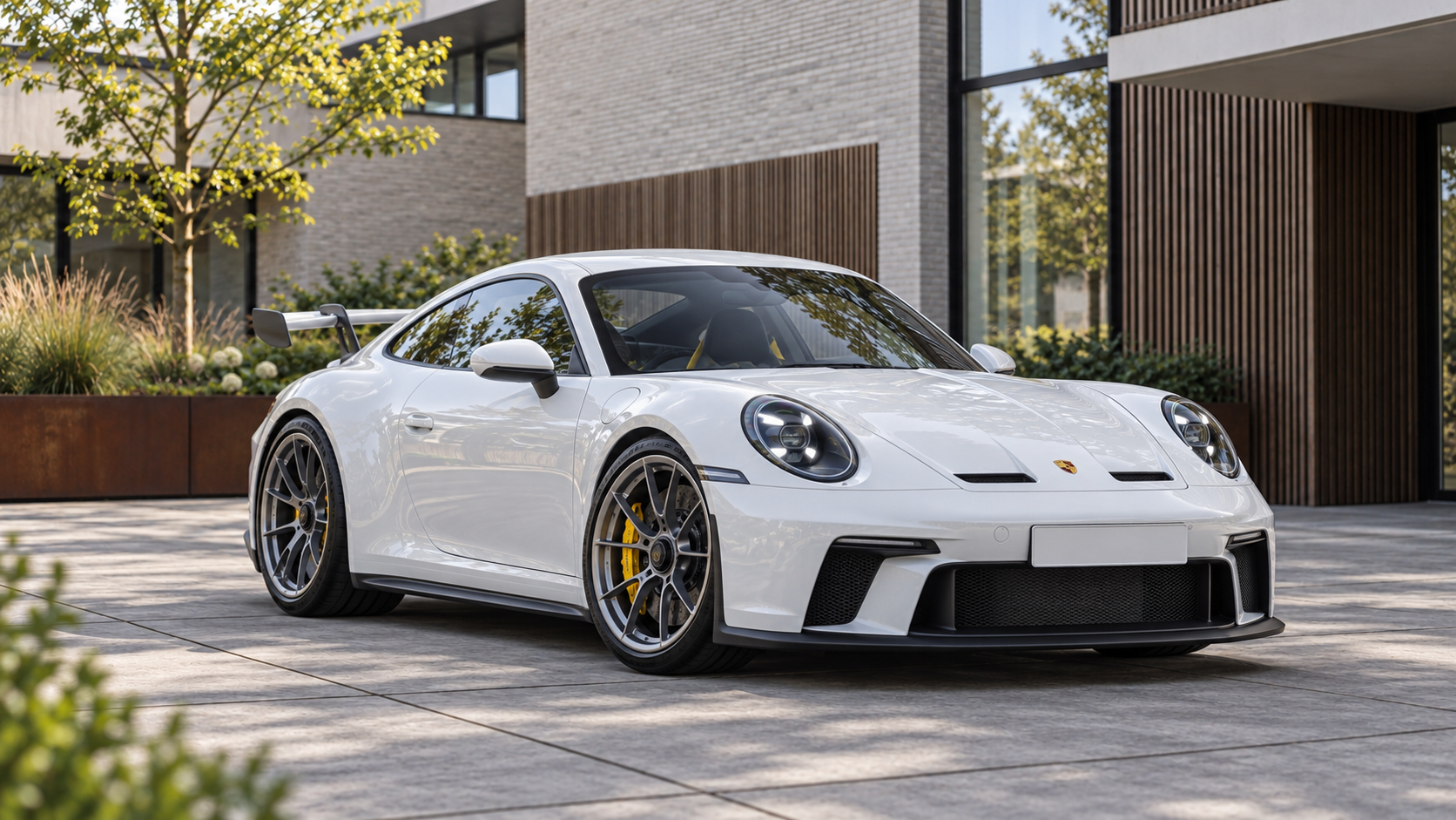 Witte Porsche 911 GT3 992.1 van voren met vaste achtervleugel