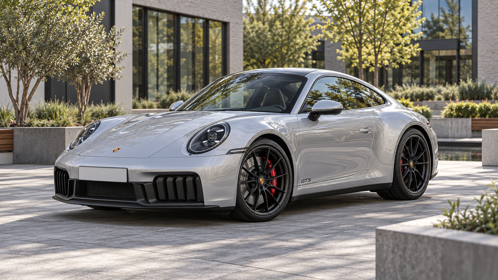 Zilveren Porsche 911 Carrera GTS T-Hybrid 992.2 met gesloten coup&eacute;dak