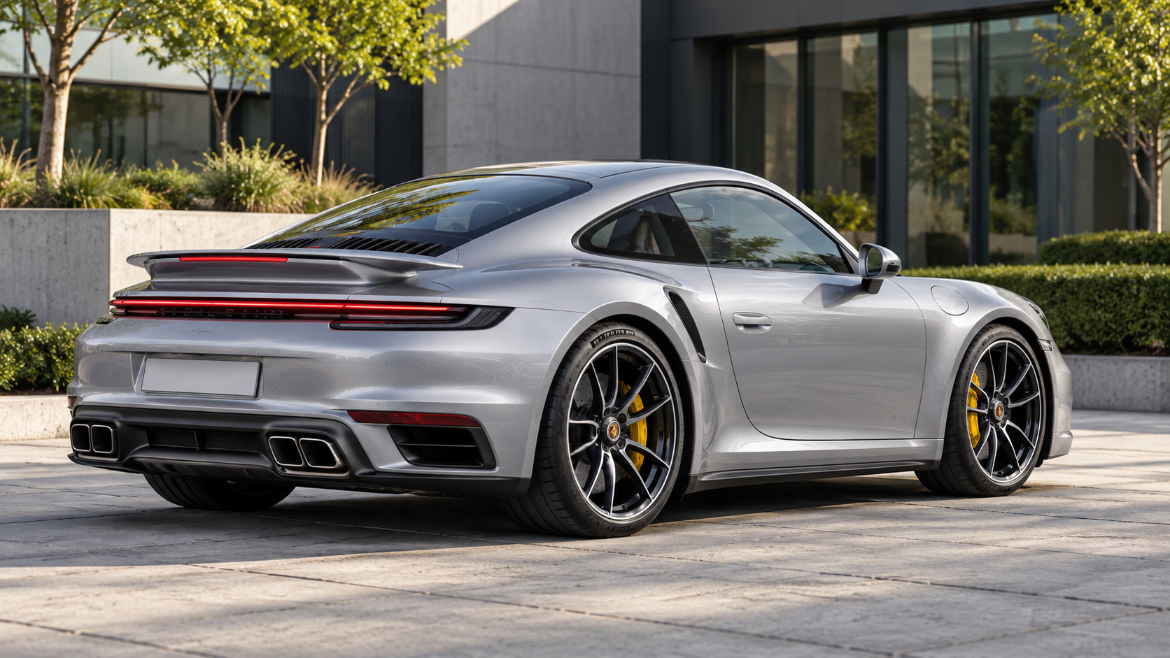 Zilveren Porsche 911 Turbo S Coup&eacute; 992.1 van achteren met ge&iuml;ntegreerde actieve spoiler