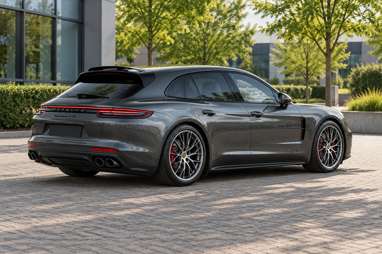 Grijze Panamera GTS Sport Turismo van de tweede generatie met vier ronde uitlaatpijpen
