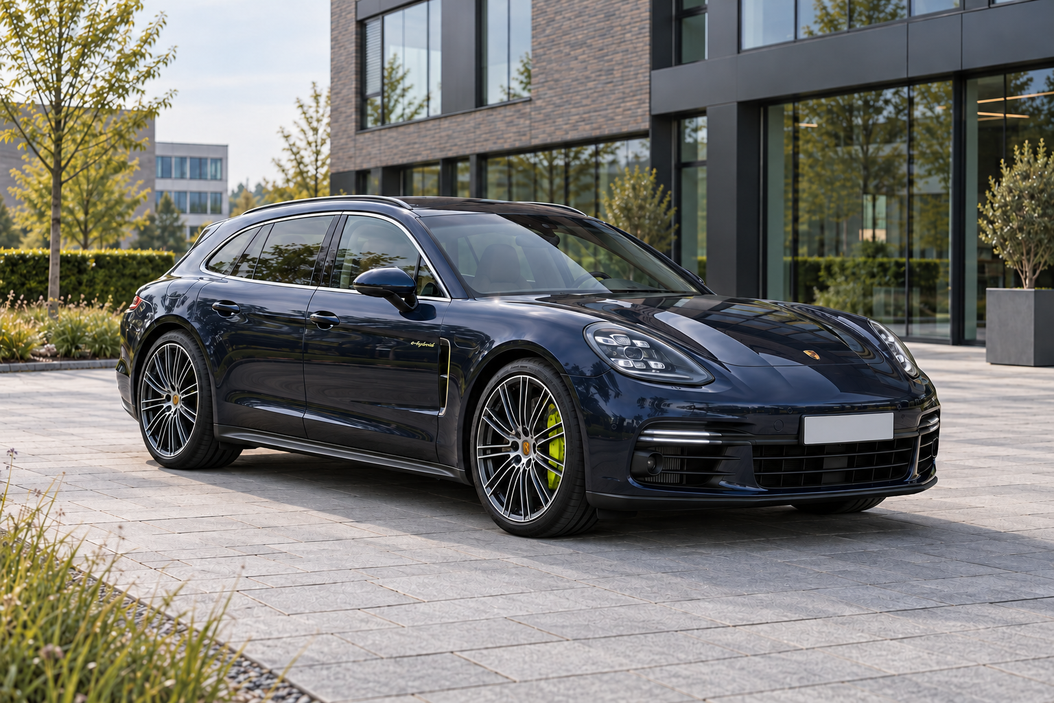 Donkerblauwe Panamera E-Hybrid Sport Turismo van de tweede generatie van voren