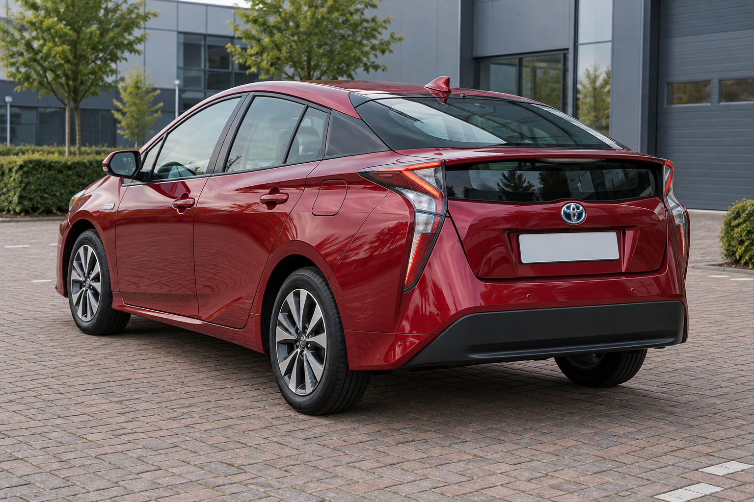 Gewone vierde generatie Toyota Prius van achteren: een andere carrosserie dan de hogere Prius+ zevenzitter