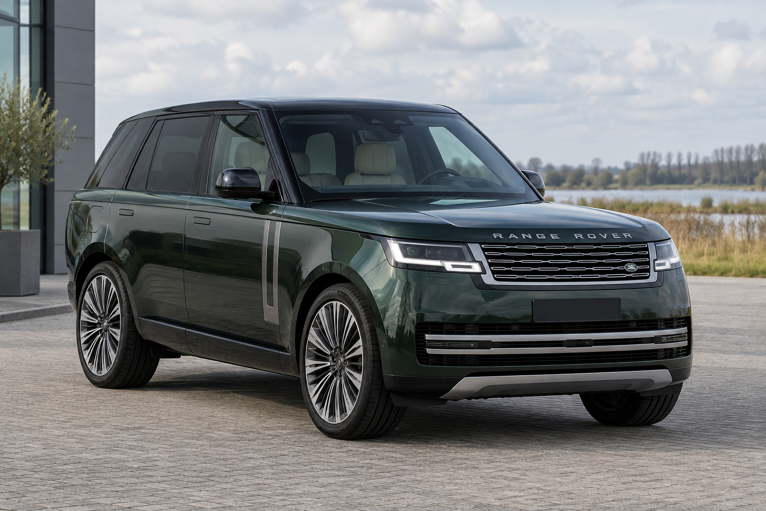 Huidige grote Range Rover van schuin voren als modelillustratie, zonder bevestiging van wielbasis, stoelconfiguratie of pakket