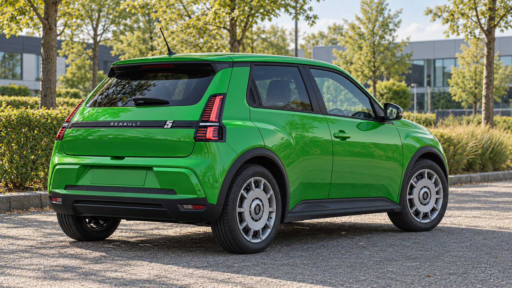 Renault 5 FIVE van achteren met groen dak en eenvoudige zilveren wieldoppen