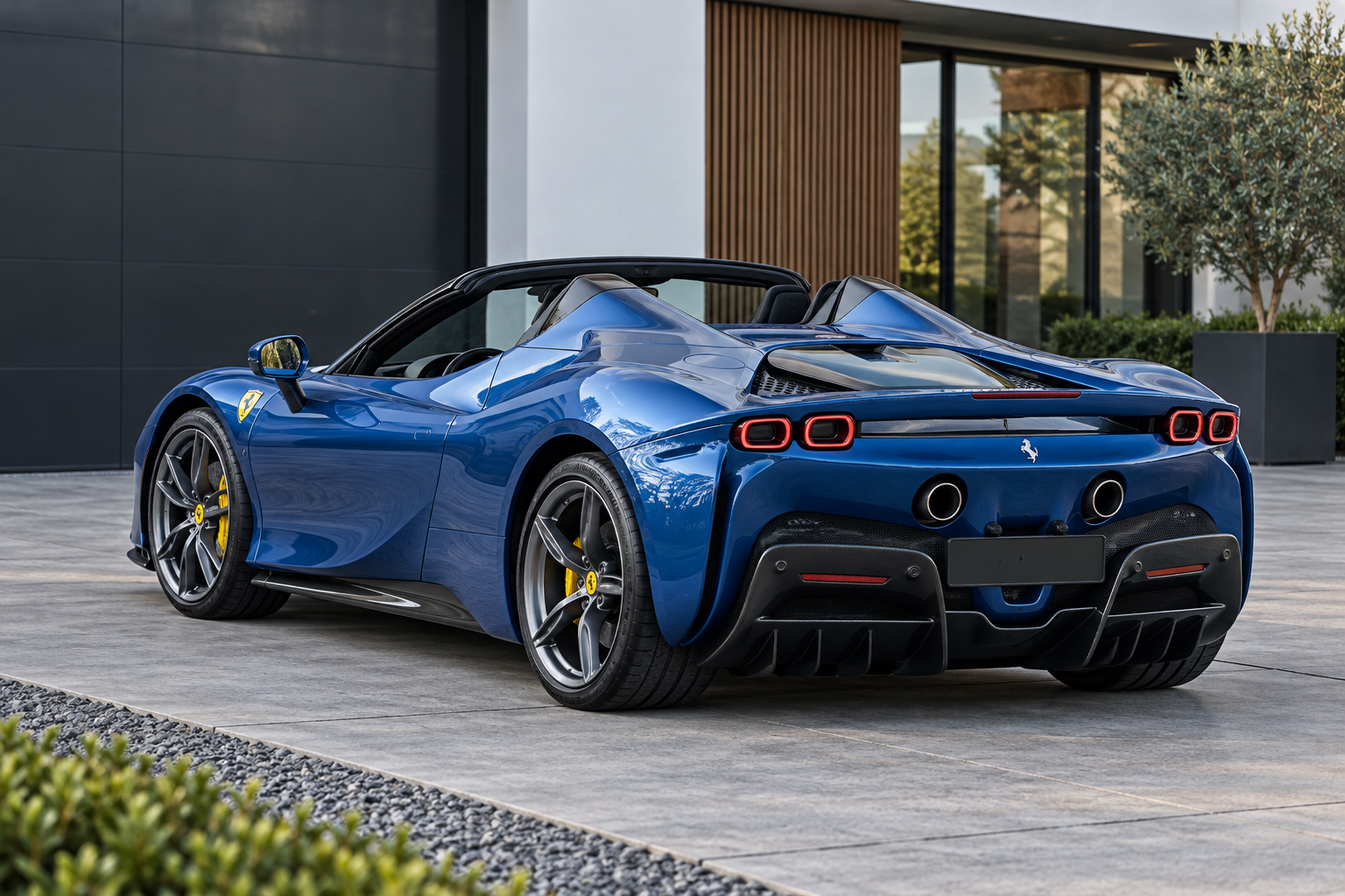 Blauwe Ferrari SF90 Spider met geopende hardtop, schuin van achteren