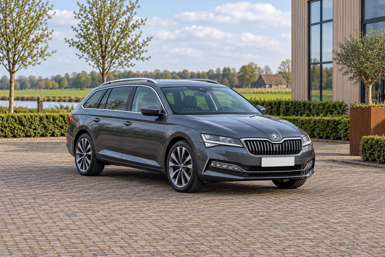 Grijze &Scaron;koda Superb Combi van de derde generatie als voorbeeld van de langere daklijn