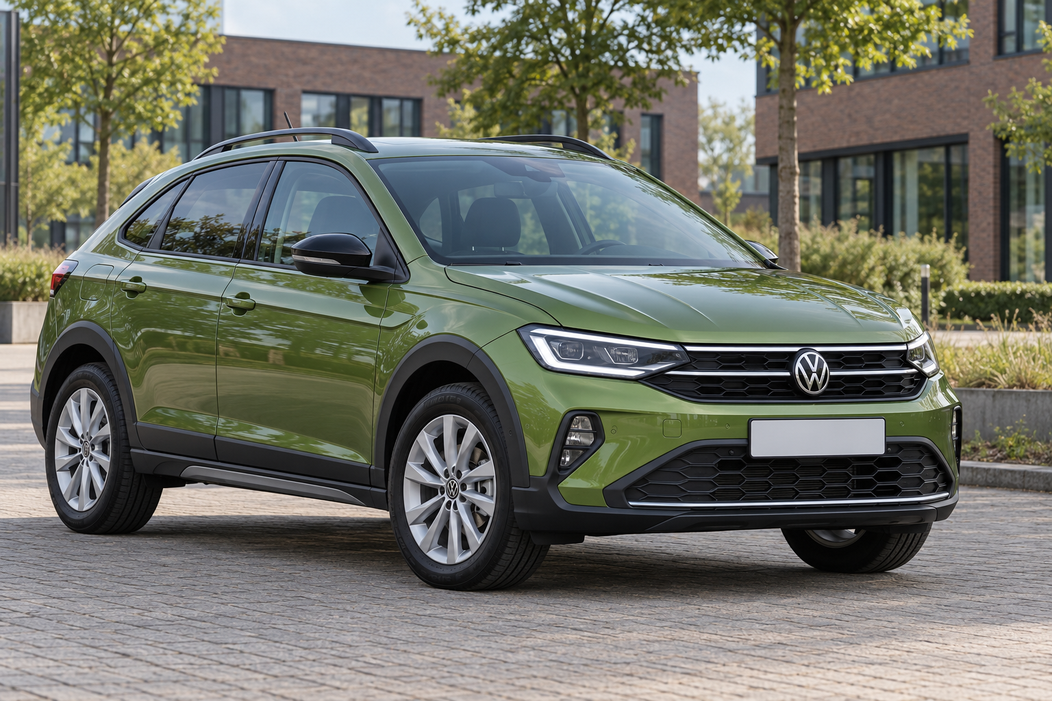Groene Volkswagen Taigo met coup&eacute;achtige daklijn van voren