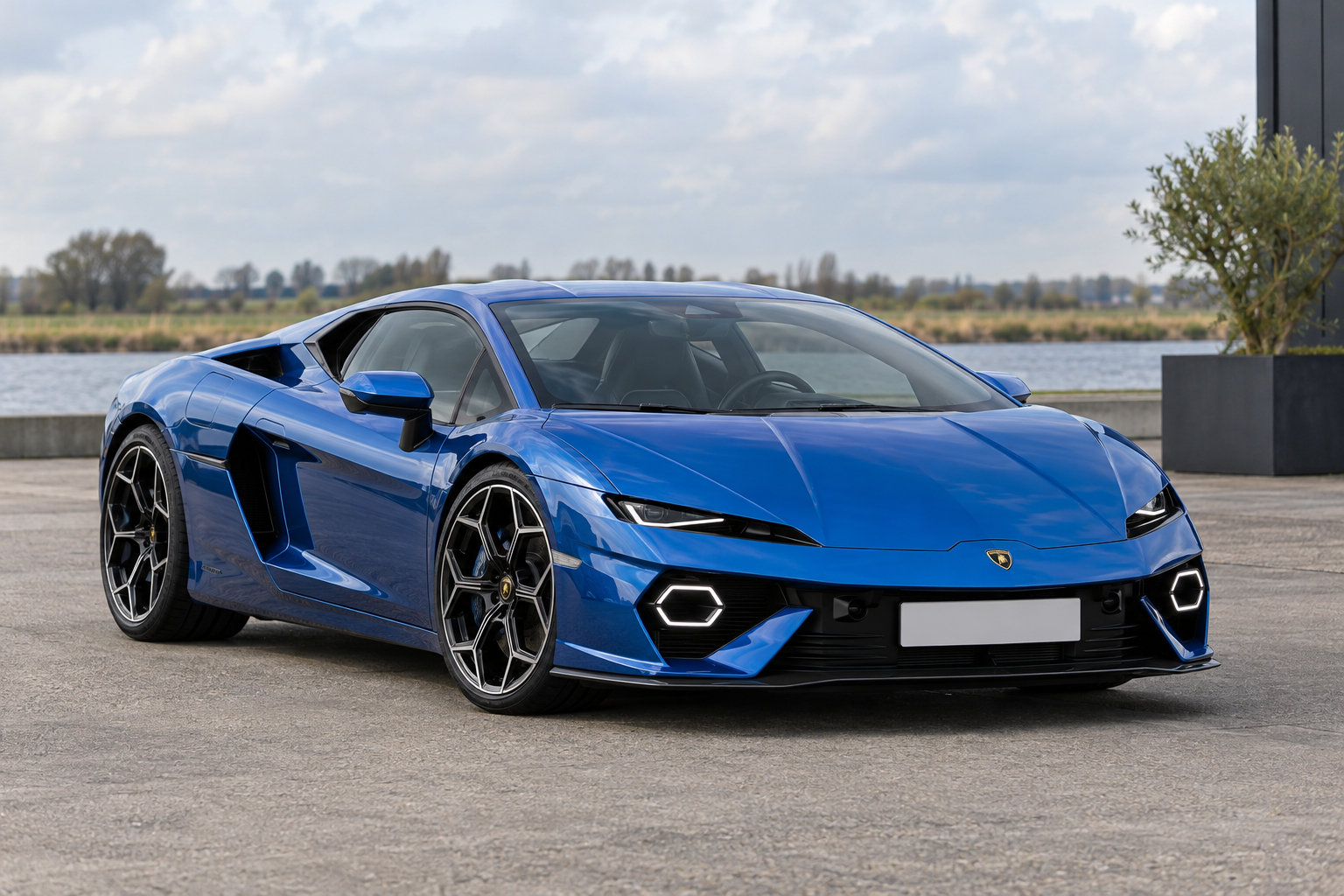 Blauwe Lamborghini Temerario met de eigen smalle koplampen en lage zeshoekige lichtsignatuur