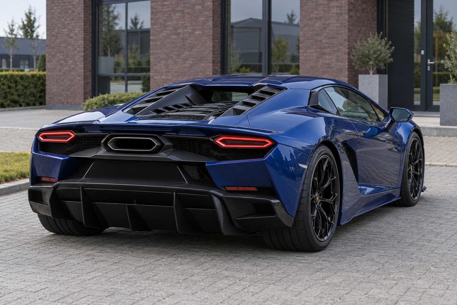 Blauwe Lamborghini Temerario-modelillustratie met eigen zeshoekige achterlichten en centrale uitlaat; de afbeelding bewijst geen Alleggerita-pakket
