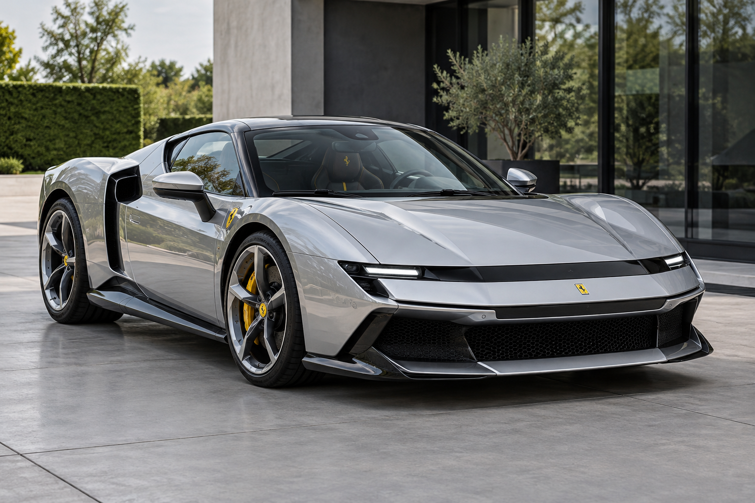 Moderne zilveren Ferrari 849 Testarossa, duidelijk een andere generatie dan de klassieker