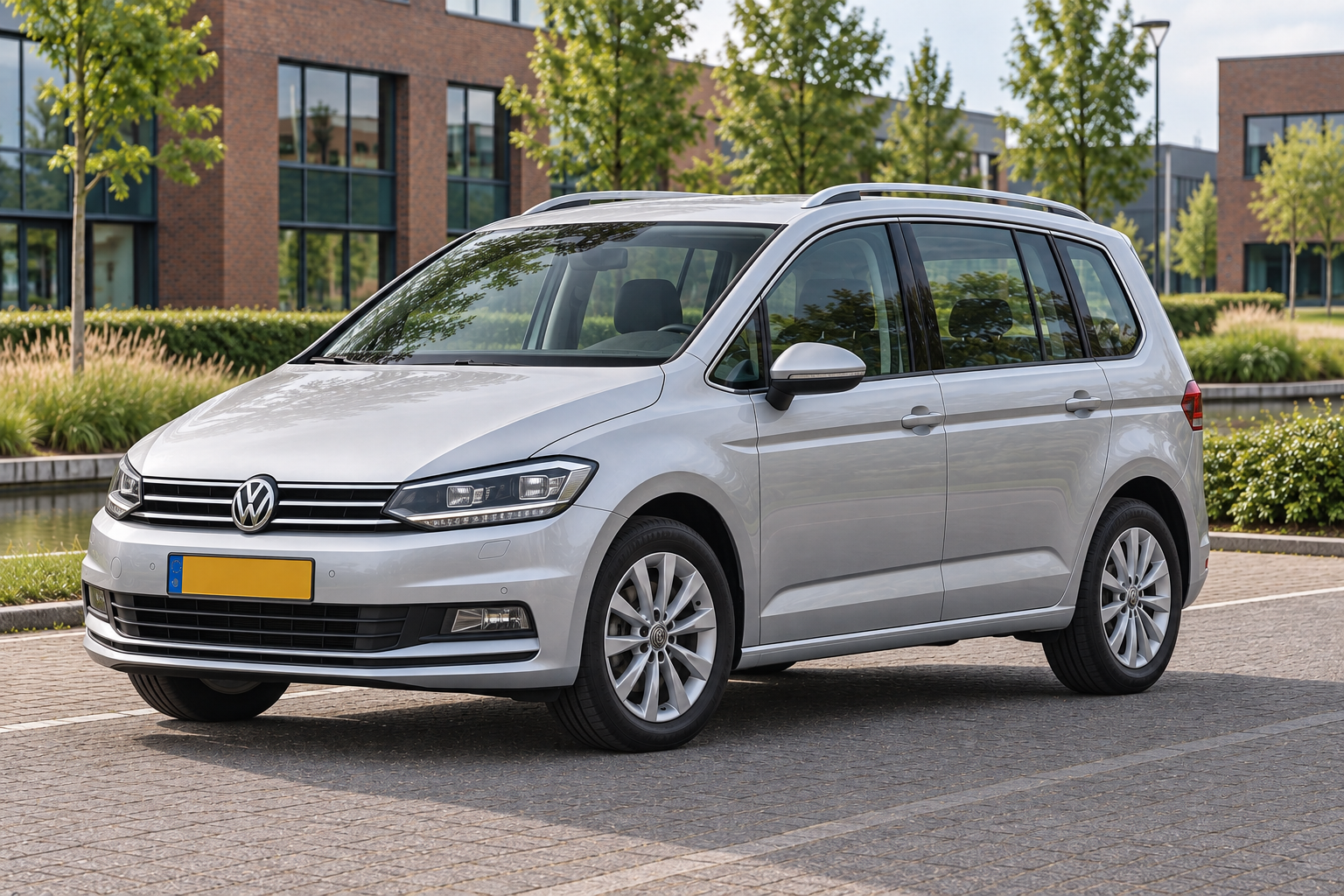 Zilveren Volkswagen Touran van de tweede generatie van voren