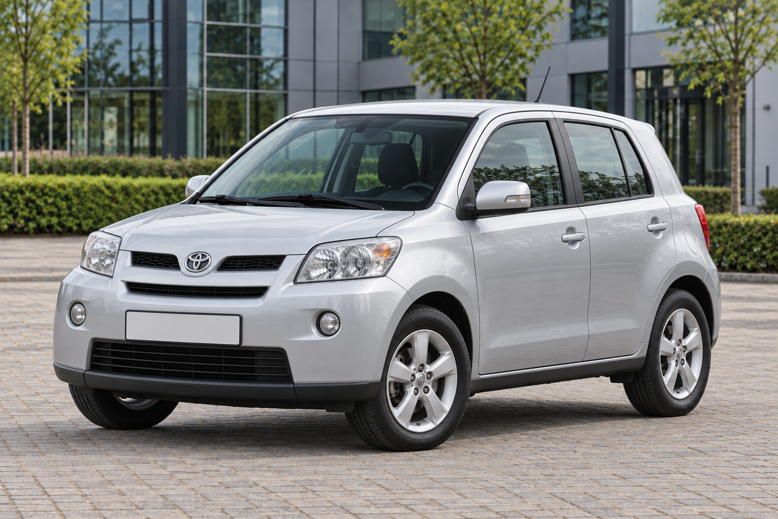 Oudere Europese Toyota Urban Cruiser, schuin van voren bij een kantoor
