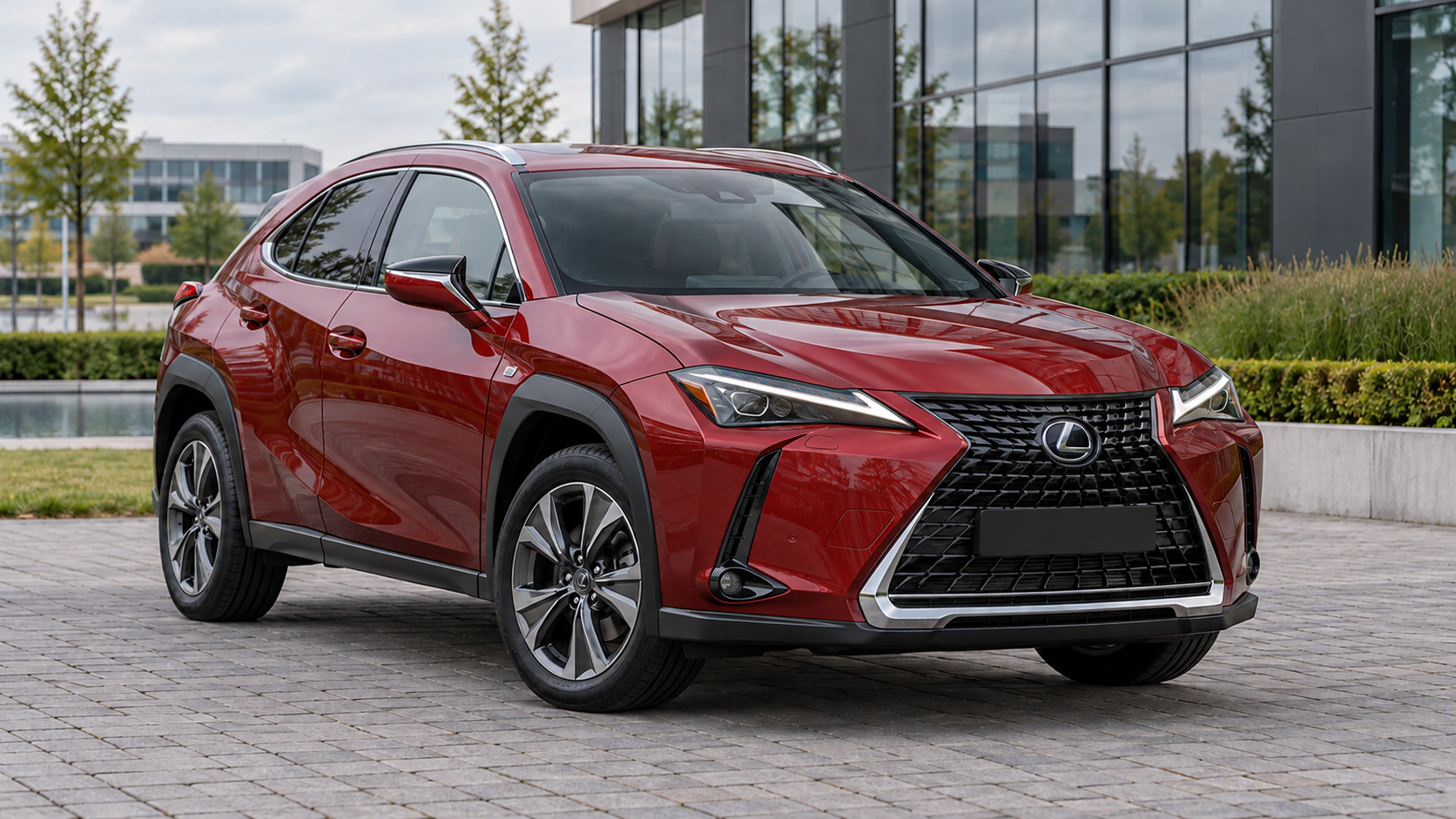 Rode Lexus UX-modelfamilie ter vergelijking, geen bewijs van een elektrische voorraadwagen