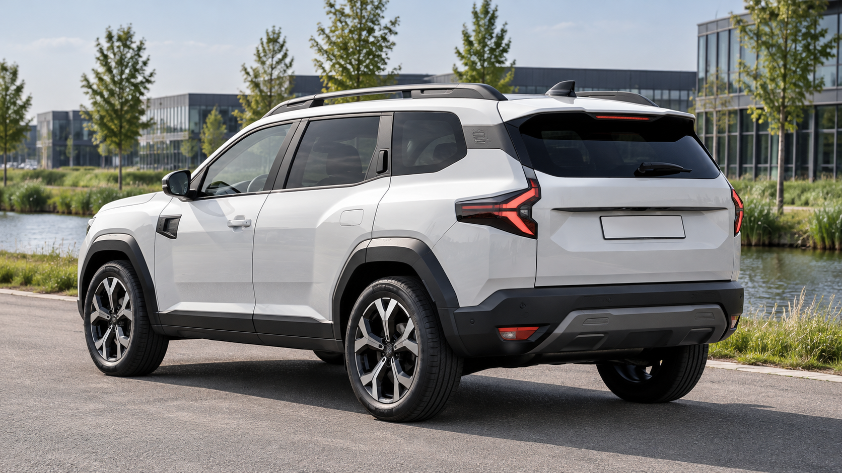 Witte Dacia Bigster SUV schuin van achteren bij een bedrijfspand