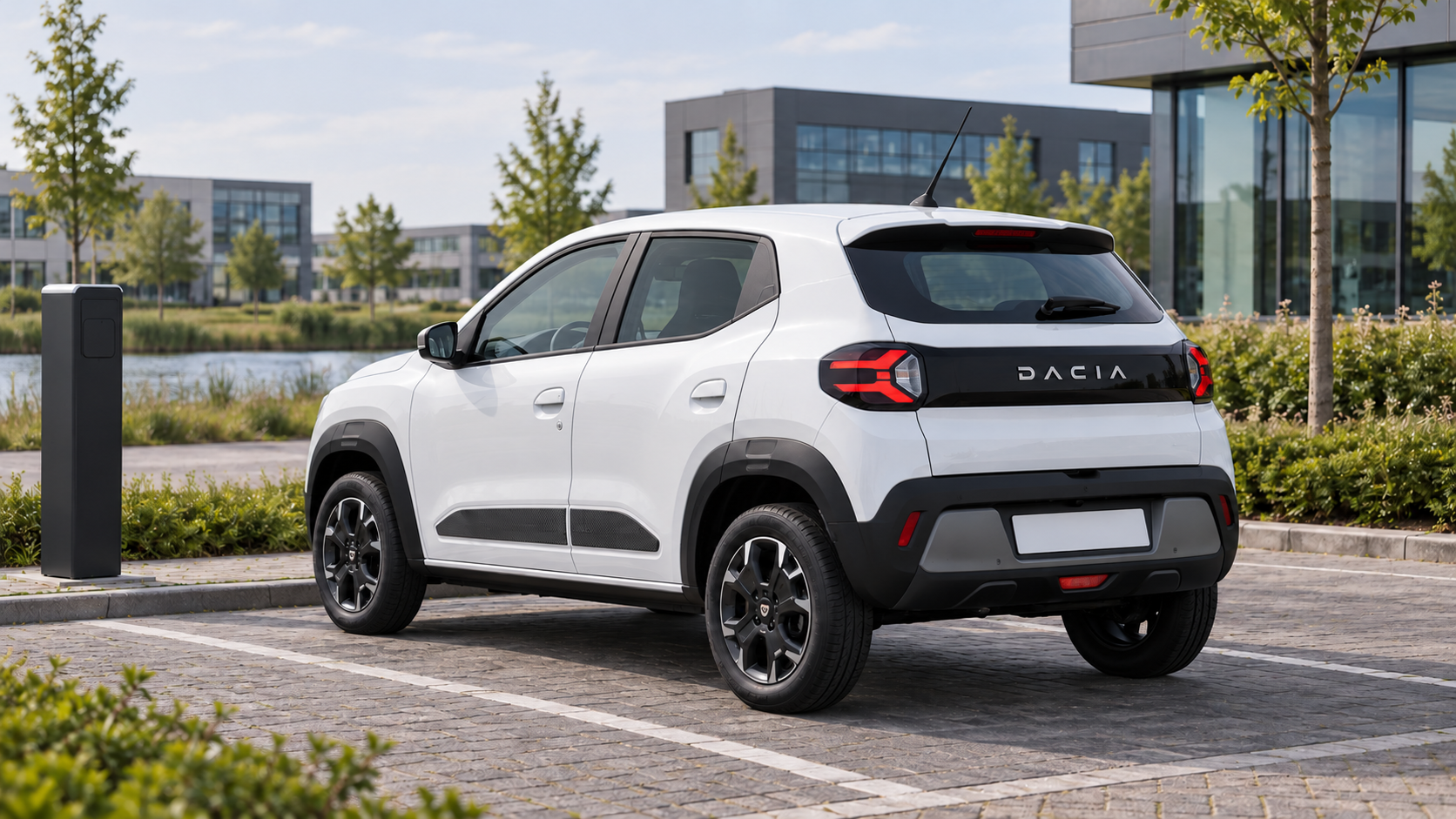 Witte Dacia Spring uit de eerdere modelreeks bij een laadvoorziening, zonder aangesloten kabel