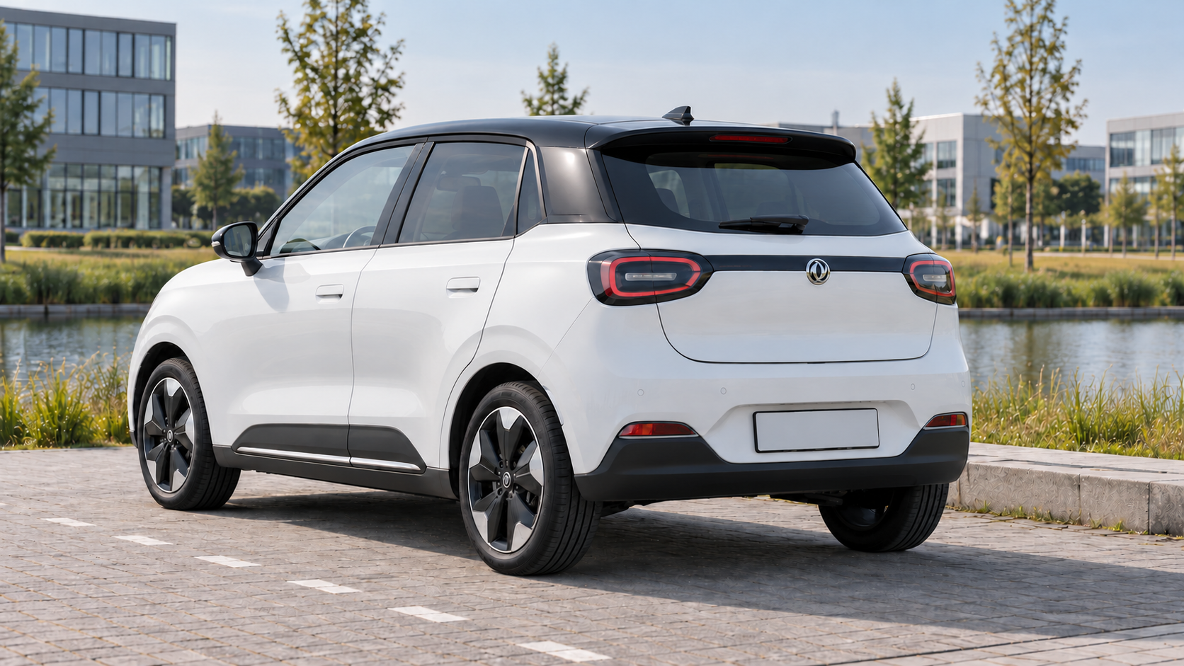 Witte Dongfeng BOX met zwart dak van achteren