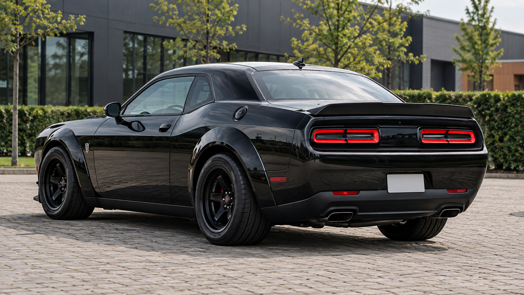 Zwarte Dodge Challenger SRT Demon van achteren
