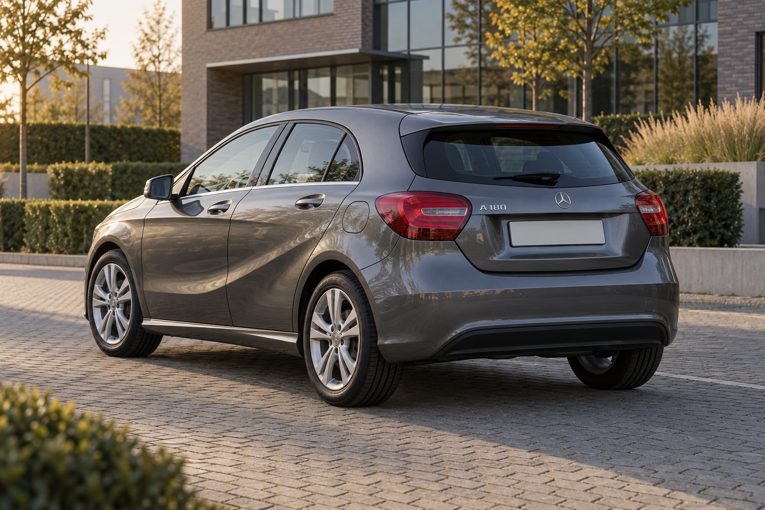AI-illustratie van een grijze Mercedes-Benz A 180 hatchback van de oudere W176-generatie