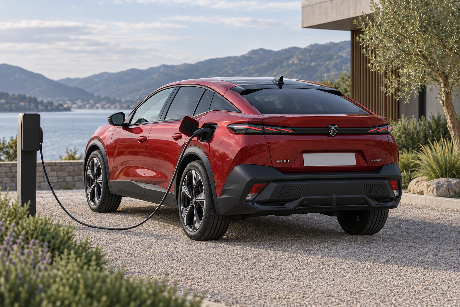 Rode Peugeot 408 plug-in hybride aangesloten op een laadpunt, illustratie