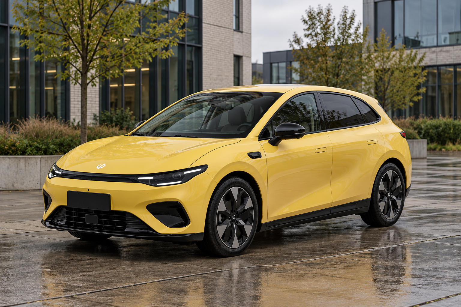Gele Leapmotor B05 bij een kantoor als modelillustratie, zonder bevestiging van Life of Design