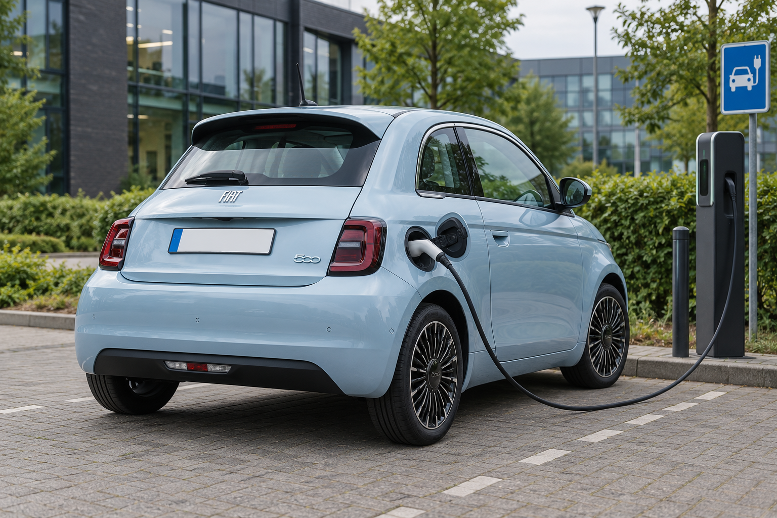 Elektrische Fiat 500e van de generatie vanaf 2020 aangesloten op een Nederlands laadpunt