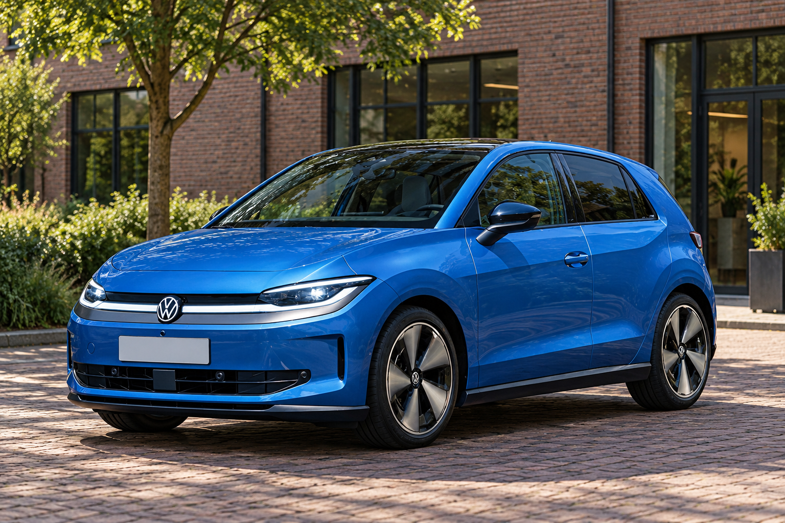 Blauwe Volkswagen ID. Polo in standaarduitvoering van voren