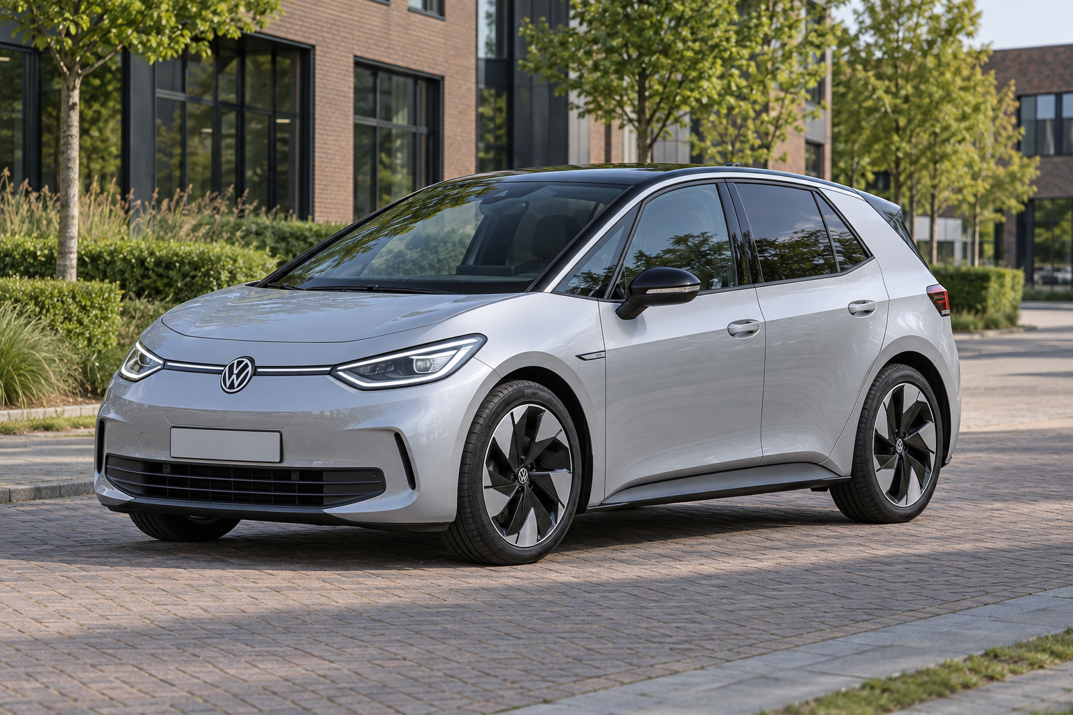 Zilverkleurige Volkswagen ID.3 van voren uit de faceliftperiode vóór de Neo