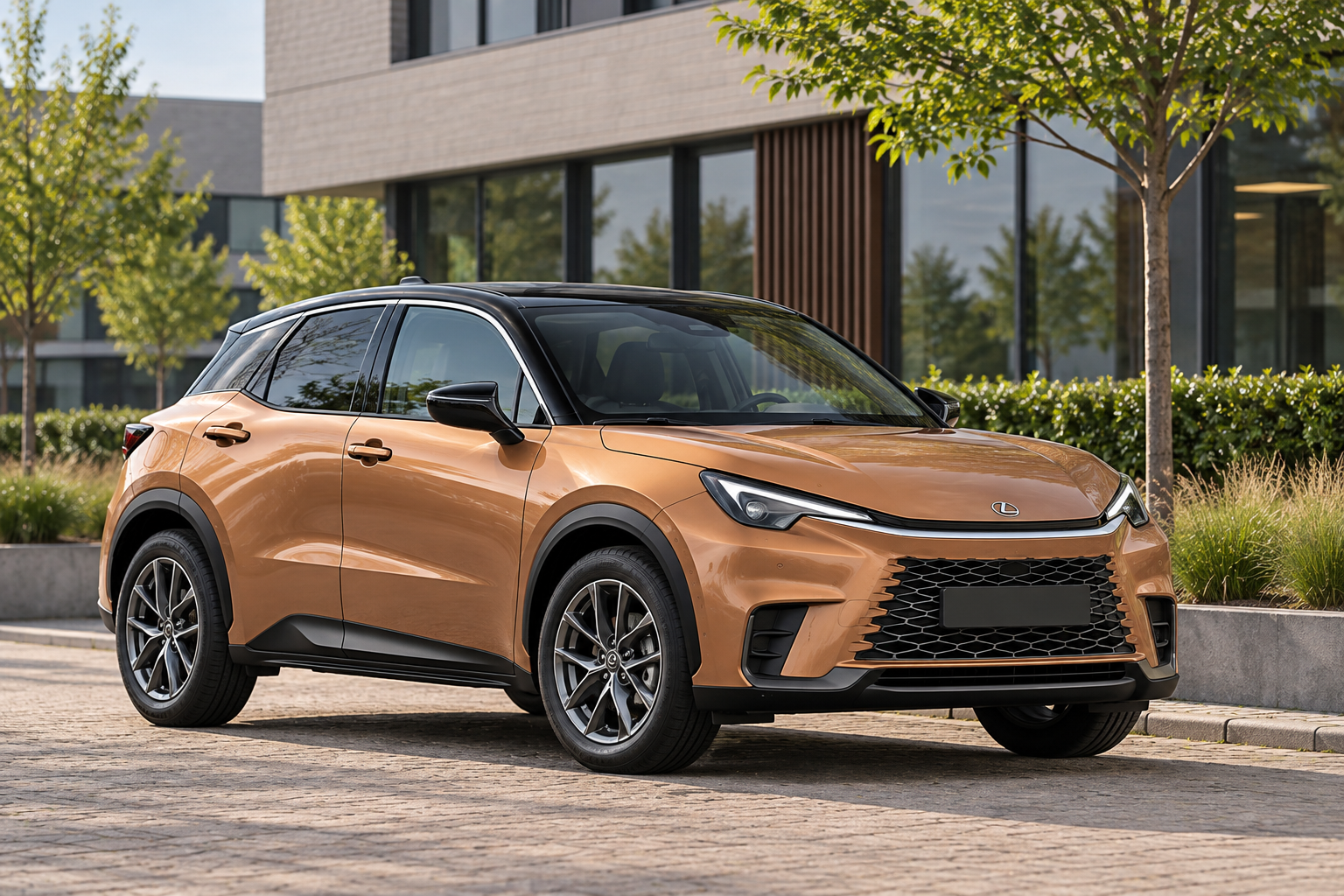 Koperkleurige reguliere Lexus LBX Hybrid als modelillustratie bij de uitvoeringskeuze