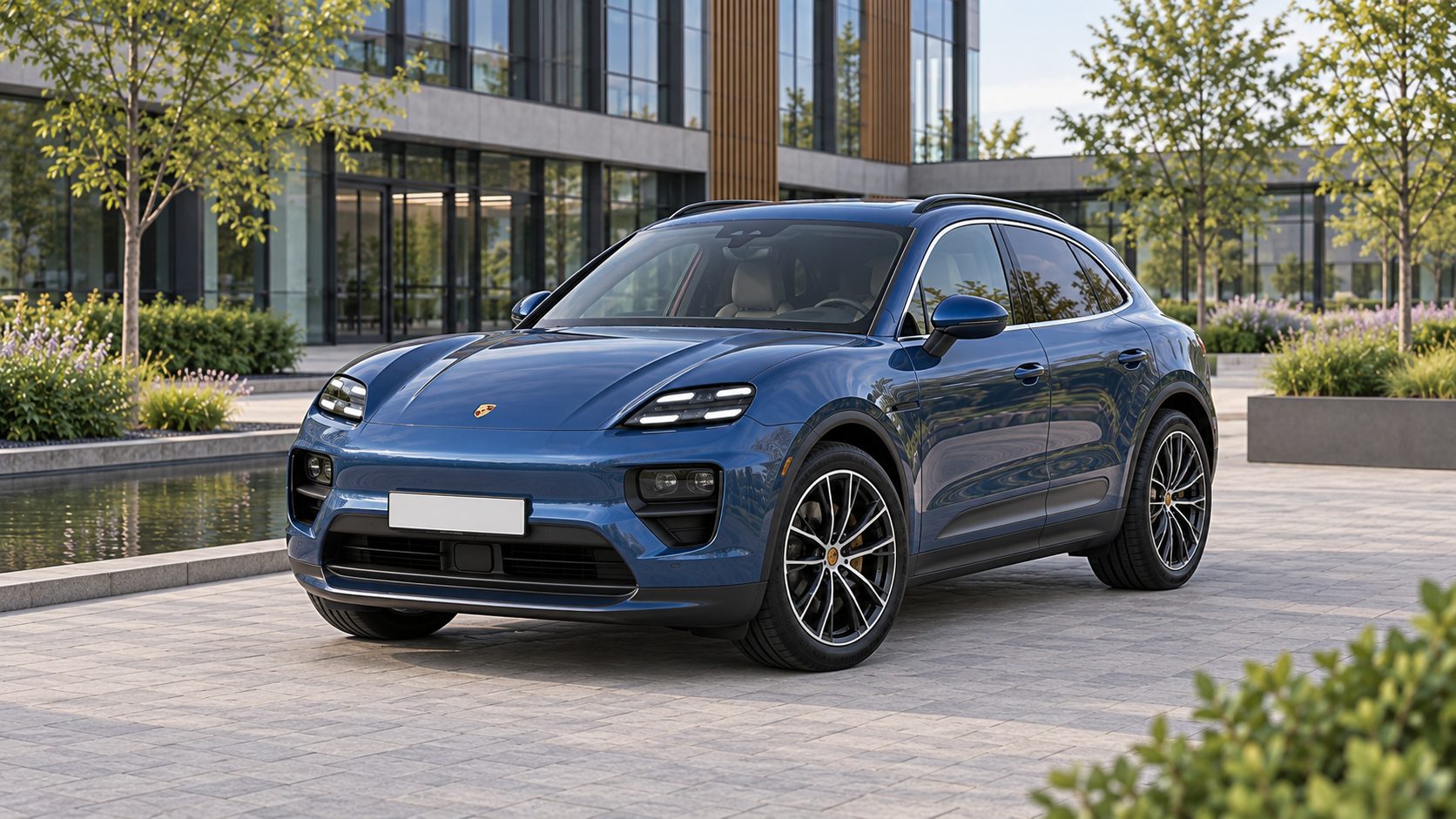 Blauwe elektrische Porsche Macan van de tweede generatie bij een bedrijfspand