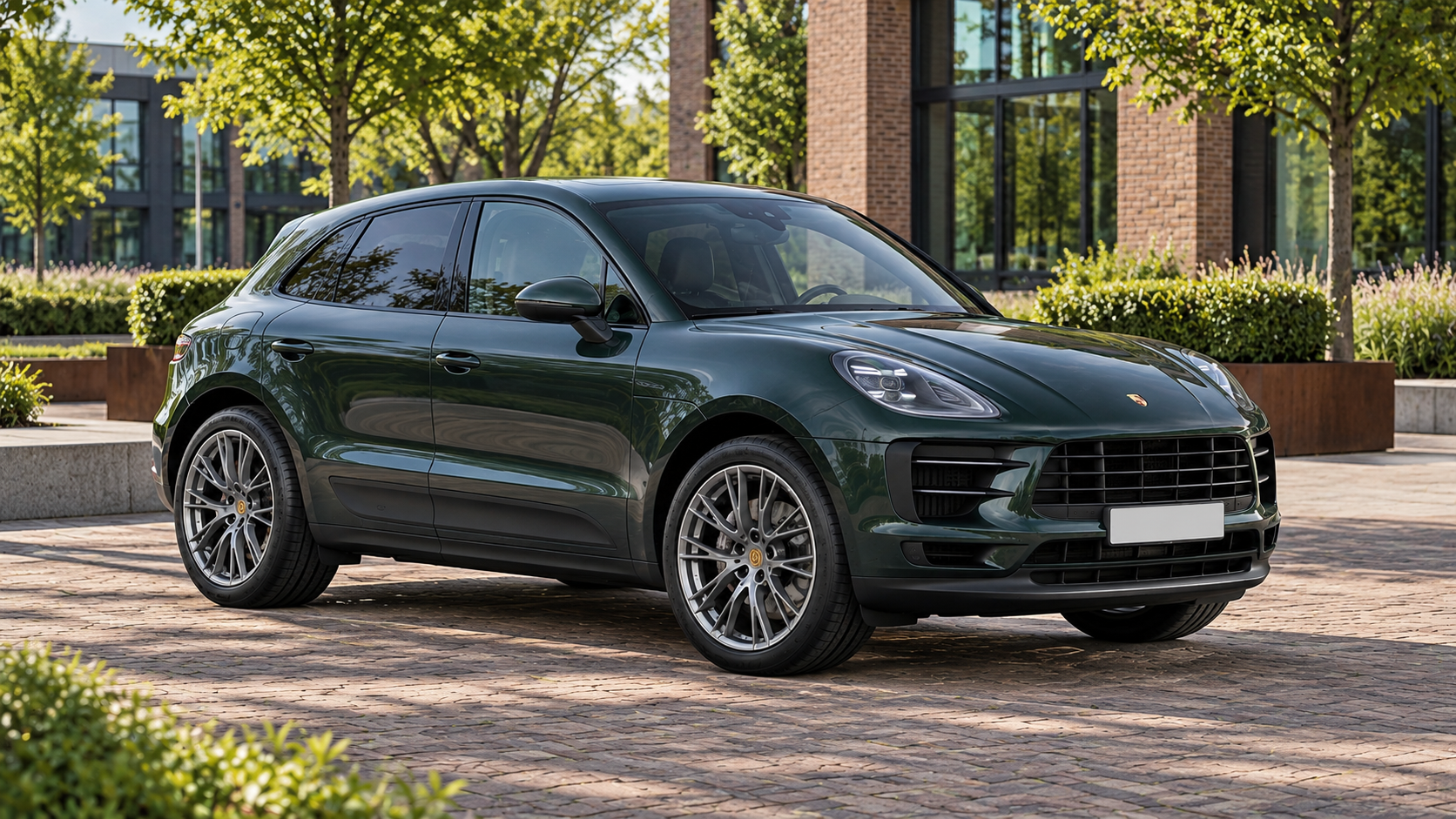 Groene Porsche Macan benzine met het front van de update van 2021