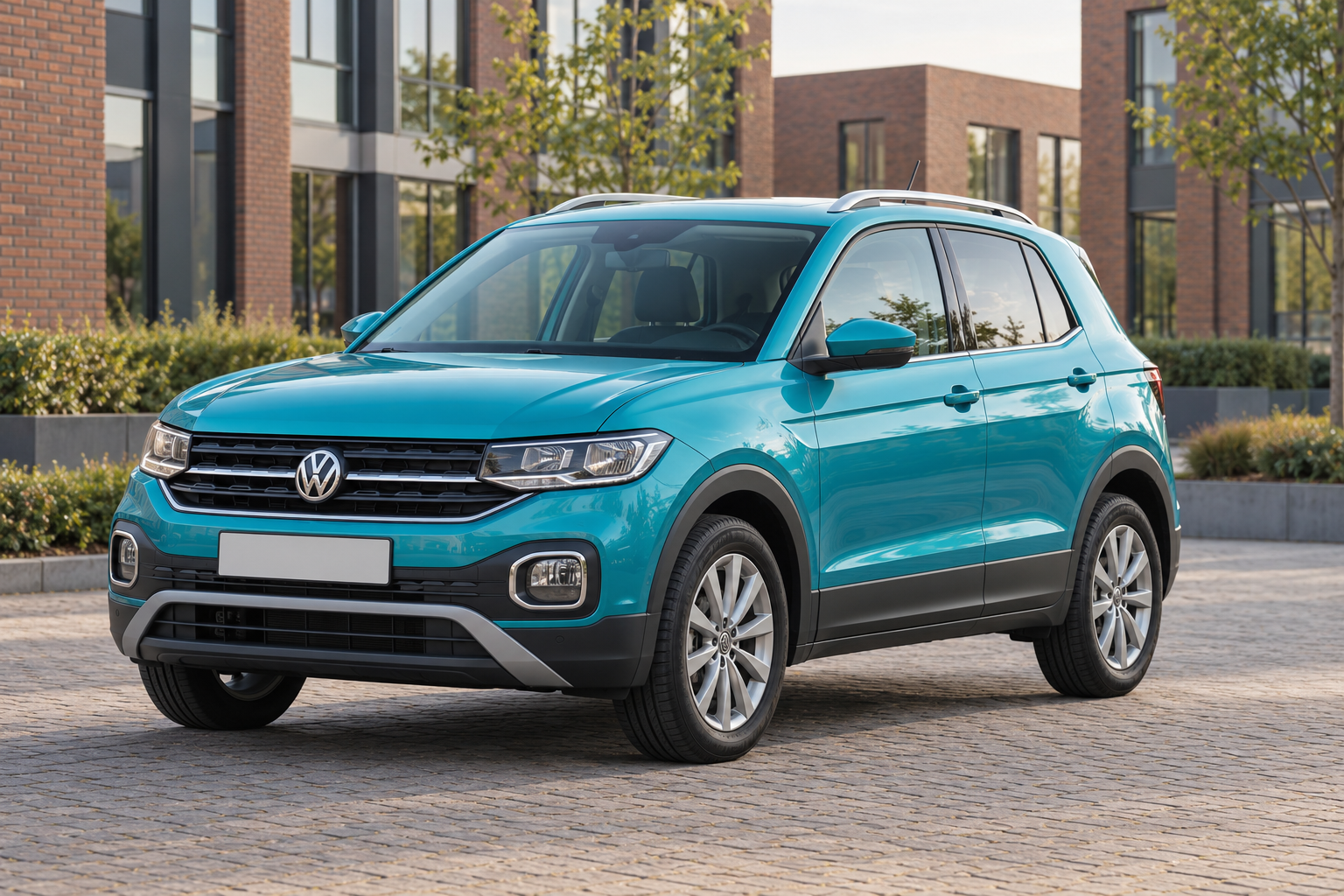 Turquoise vroege Volkswagen T-Cross van voren gezien