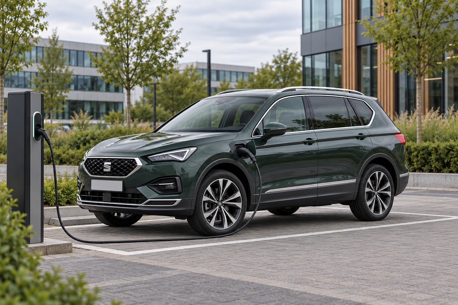 Donkergroene SEAT Tarraco plug-inhybride met laadkabel aan het linker voorspatbord