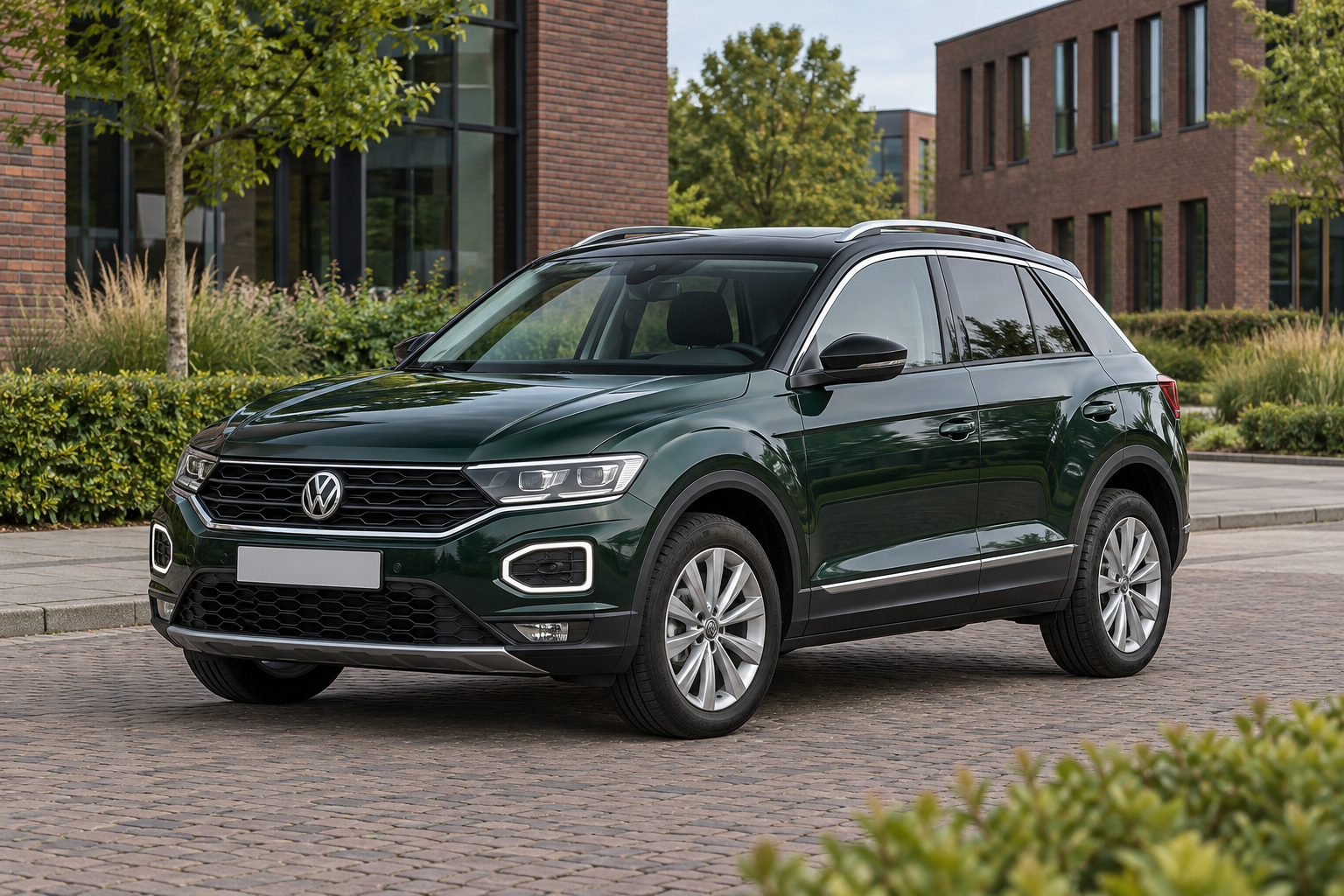 Groene eerdere Volkswagen T-Roc SUV van voren